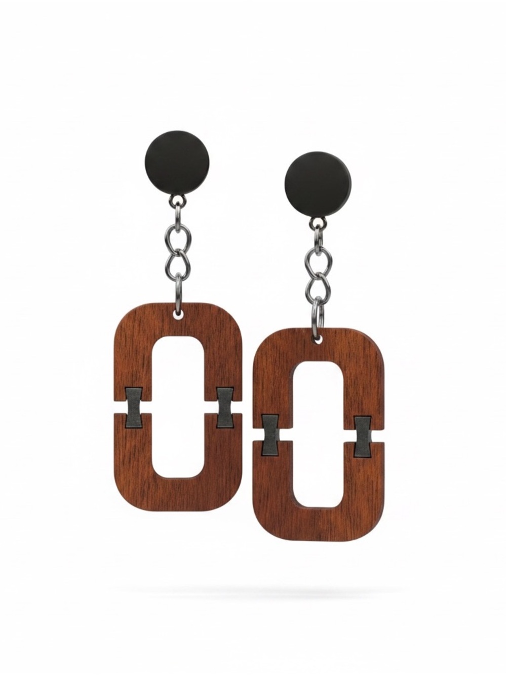 Wood Link Drop Earrings - Dark Brown and